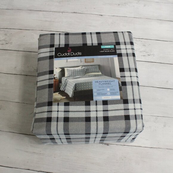Cuddl Duds Heavyweight Flannel Sheet Set Twin Size 100% Cotton Blue Gray Plaid - Picture 1 of 5